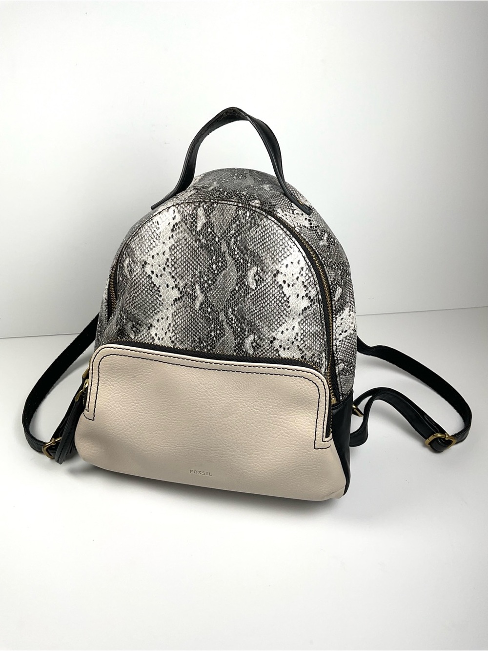Fossil Leather Mini Backpack Snake Print Black White Small Travel Bag Purse